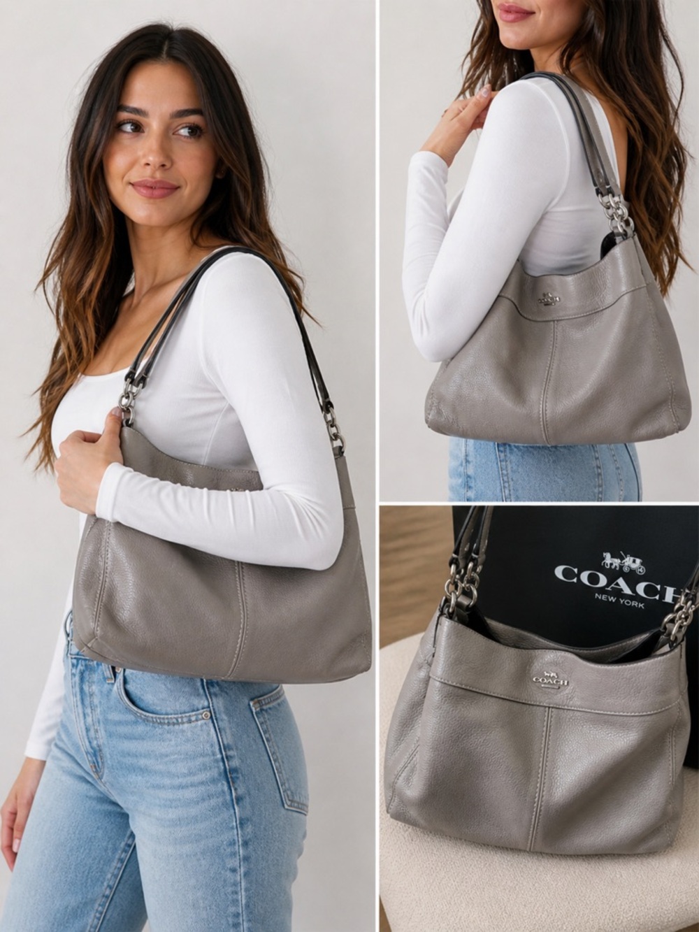 Coach Pebbled Leather Shoulder Bag – Taupe Gray Hobo Purse